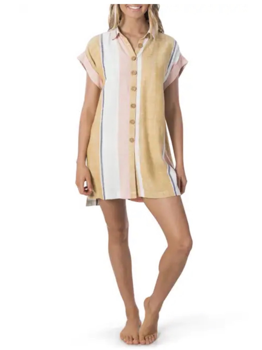 Rip Curl Striped Mini Shirt Dress in Mustard, Pink & White